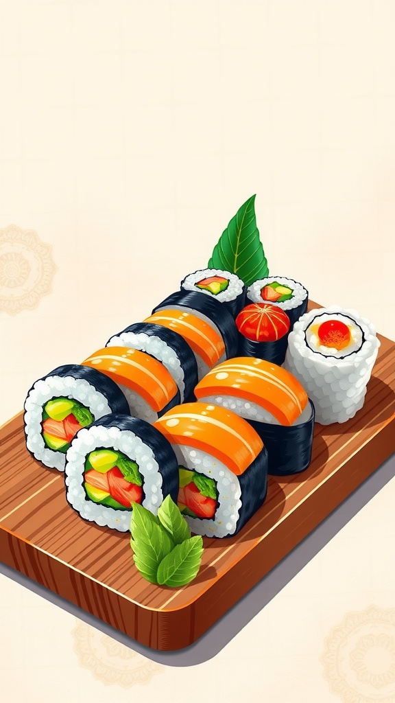 Vibrant sushi rolls on a wooden platter, showcasing colorful ingredients in a sushi-themed graphic design.